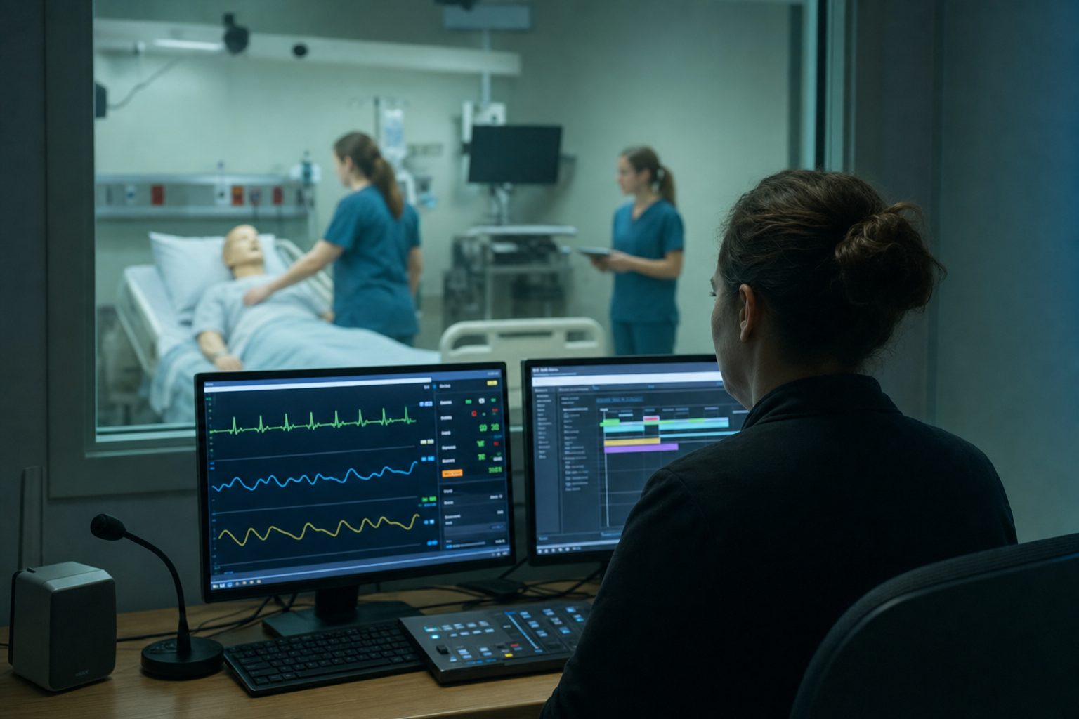 A simulation operations specialist at a control-room console, watching students work with a manikin through a glass window